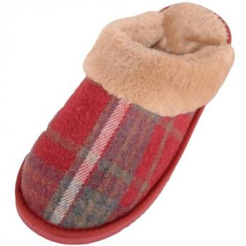 ABSOLUTE FOOTWEAR Red Tartan Fur Mule Slippers