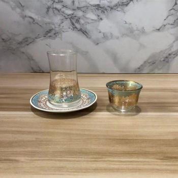 Romantic Blue Gold Tea Glass Set with Saucers