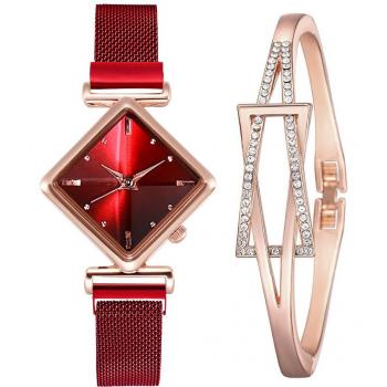 Women’s Simple Rose Gold Watch Set with Dual Dial