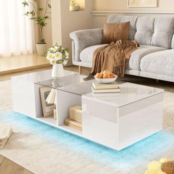 Meuble TV REDOM 200 cm – Marbre noir, portes en bois sombre, éclairage LED ajustable, 2 compartiments & 2 tiroirs