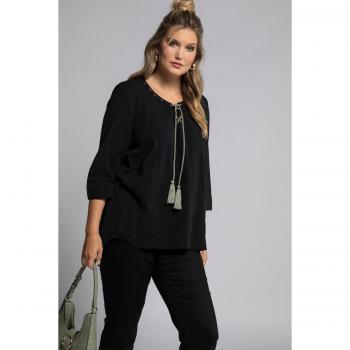 Camicia Donna Taglie Forti Frange Allacciatura Scollo a V Nero Taglia 52/54 Viscosa/Cotone/Lino