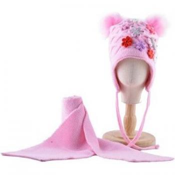 Winter Hat Scarf Set For Kids Lovely Pompoms Knitted Beanie Baby Girls Thick Knit Butterfly Flowers Ears Flap Cap Sets Children