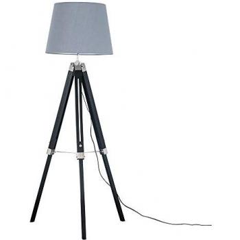 Contemporary Black Wood and Silver Chrome Tripod Floor Lamp with Grey Shade