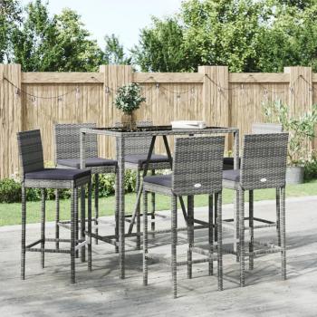 Conjunto de mesa y taburetes altos jardín 7 pzas ratán PE gris