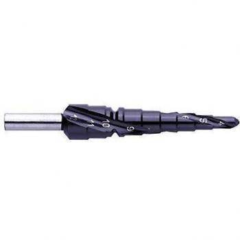 Exact Step Drill Bit TiAIN HSS 4-12mm, Total Length 80mm, Triangular Shank, Spiral Flute