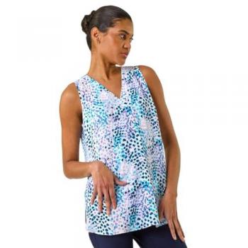 Chemise décontractée à col V, motif abstrait, coupe plissée, bleu