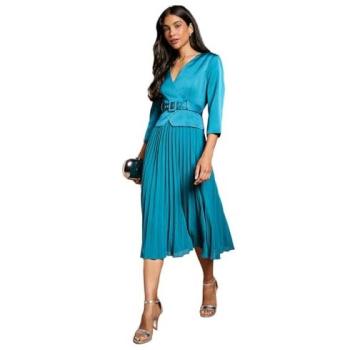 Azure Horizon Wedding Guest Gown – Satin Bodice, ¾ Sleeve, Pleated Skirt, Belted