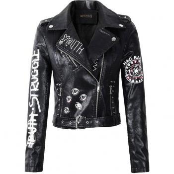 Chaqueta de piel sintética para mujer, estilo retro con cuello vuelto y letras estampadas, ideal para la primavera