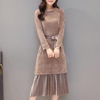 Robe femme en velours avec ceinture plissée