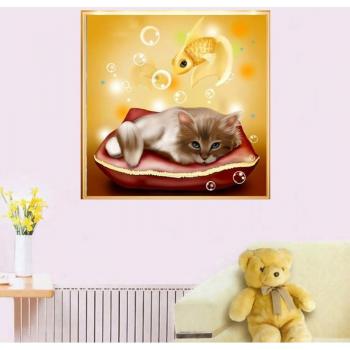 5D Rhinestone Painting of Cats and Goldfish, Cross Stitch Style, 30x30 cm