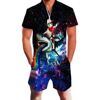 Strampler Herren „Katze & Hai“ – Sommer‑Zipper‑Overall, XXL