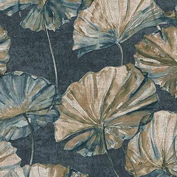 Navy Teal Water Lily Embossed Wallpaper
