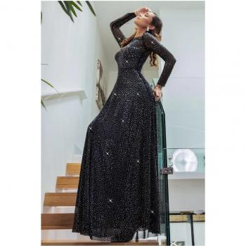 Goddiva Hotfix A-Line Mesh Maxi Dress in Black