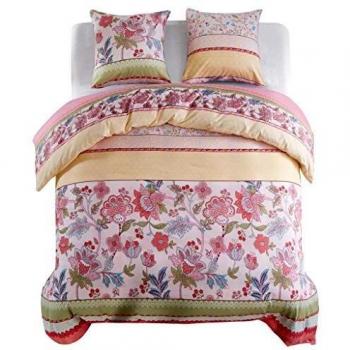 Set copripiumini rosa con motivi floreali e strisce, 3 pezzi, 200x200 / 80x80 cm