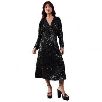 Sequin Crinkle Batwing Plunge Neck Midi Dress