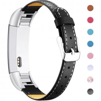 Schwarzes Fitbit Alta Leder‑Armband mit Metallverbindern – Mornex Classic