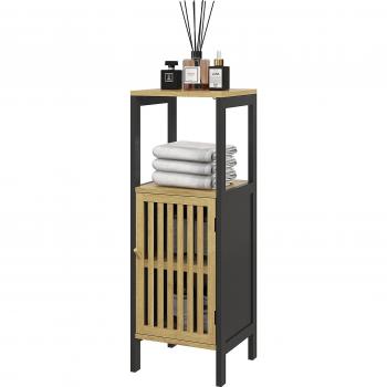 Mobiletto Bagno con Armadietto e Ripiano Aperto, HOMCOM, 32x30x90.5 cm, Nero e Legno