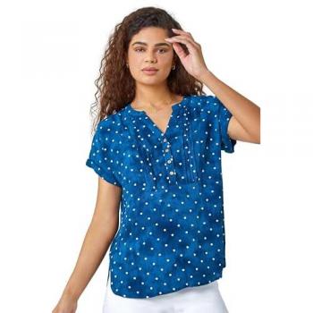 Embroidered Navy Polka Dot Top for Women