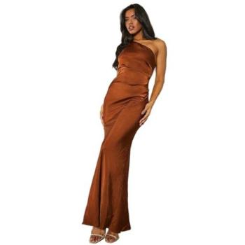 MissPap Luxury Satin Maxi Dress – Chocolate, Asymmetric Strap, Low Back (Size 8 UK)
