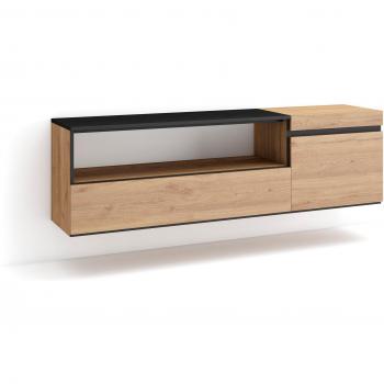 Meuble TV RF2429 150x35x45 cm – Chêne & Noir, suspendu mural
