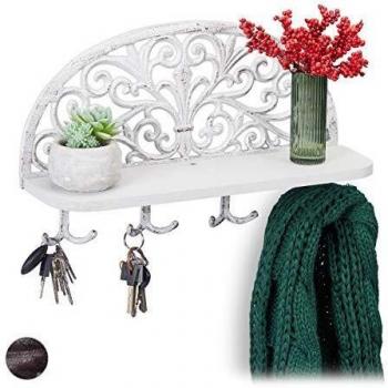 Appendiabiti con Mensola Relaxdays, Design Antico, 4 Ganci Doppi, Portaoggetti, Ghisa, 23x39x11,5 cm, Bianco