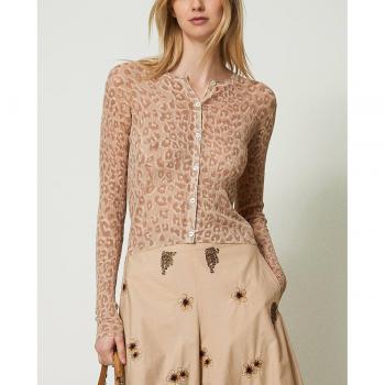 Cárdigan corto de mujer con animal print en beige