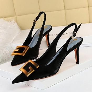 Scarpe da festa in stile europeo e americano per donna, tacco alto 7 cm, fibbia quadrata in metallo, verde
