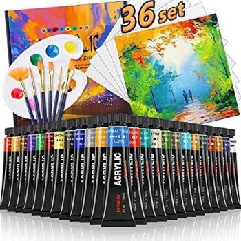 Acrylfarben‑Kunstset Vccavcoa: 36 Farben + Palette + Baumwoll-Leinwand