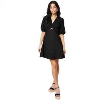 Oasis Women's Petite Cotton Poplin Knot Front Puff Sleeve Mini Dress