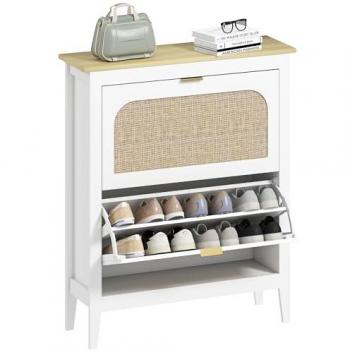 Estante de zapatos estrecho Homcom en melamina blanca, 80x24x95.5 cm, con puertas de ratán y estantes ajustables