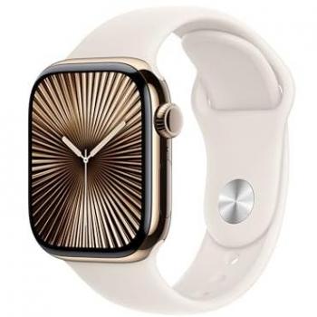 Apple Watch Series 10 (2024) GPS + Cellular, Boitier Titane Or de 42mm avec bracelet Caoutchouc S/M, Blanc