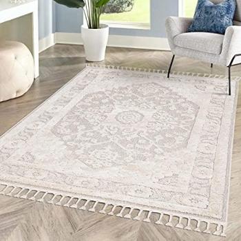 Tapis Salon Boho Franges Tressées Couleur Crème 160x230cm
