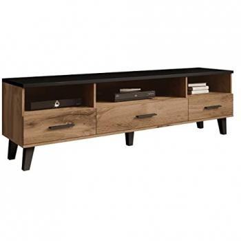 Mueble TV Charlotte G109, 180x53x40cm, Wotan roble y negro, 3 cajones, estilo escandinavo
