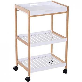 Desserte de cuisine Chariot de service à roulettes 2 étagères + plateau amovible bois de pin MDF blanc