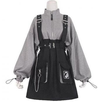 Vestido Mini Retro Gótico para Mujeres, Cintura Alta, Manga Larga, Cuello de Sombrero, Sexy, Color Negro Gry, Talla Grande