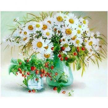 Gemütliche 5D-Diamant-Malerei für das Wohnzimmer: Chrysantheme & Erdbeere, 20 × 30 cm