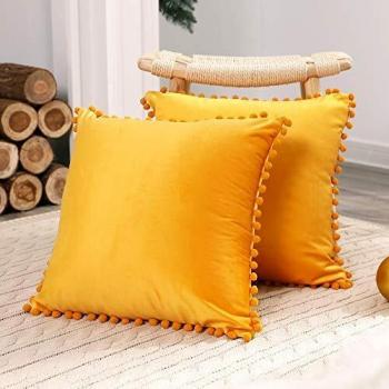 Velvet Gold Pom‑Pom Cushion Covers Set – 20 × 20, 2 Pieces with Hidden Zip