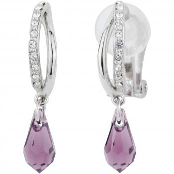Clip Auriculaires Voyageur – Drop Suspendu, Cristaux Preciosa, Violet et Argent