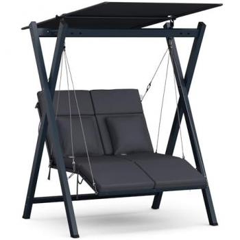 Blumfeldt FlexiSwing Dual‑Seat Swivel Bench with Removable Sun Canopy and Weatherproof Cover