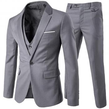 Mens 3-Piece Fitted Suit – Light Grey, Classic Style, One Button (M)