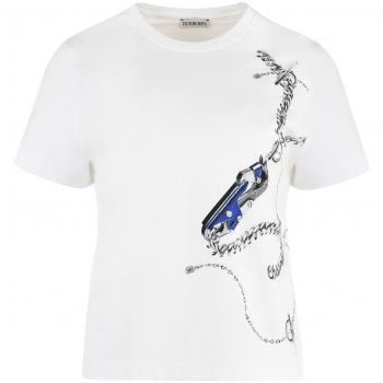 Burberry Women's Cotton Crew-Neck T-Shirt in White, Size Small, Hand-Painted Artwork, Color B7647