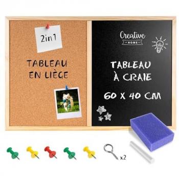 Tableau Mural Liège et Craie Noir 60 x 40 cm avec Éponge, Craie et Épingles Incluses