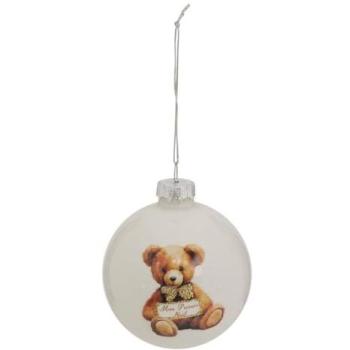 Plaisir d’hiver : boule en verre blanc 8 cm ornée d’un ourson