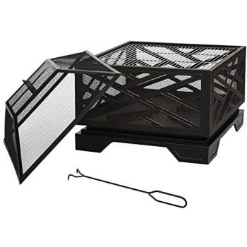 66cm Square Fire Pit Patio Metal Brazier w/ Grill Net Cover Poker