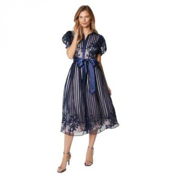 Navy Satin Puff Sleeve Shirt Dress with Placement Stripe