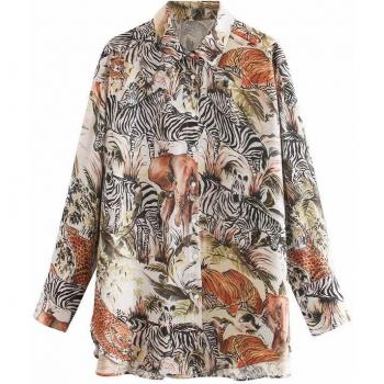 Blusa Informal Largo Manga con Estampa Verde