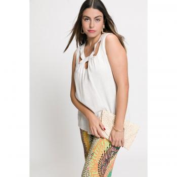 Blusa in misto lino con scollatura a girocollo, Donna, Bianco, Taglia: 64/66