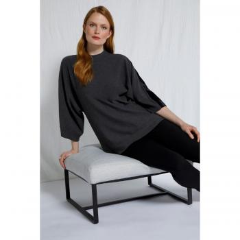 Maglione ampio con inserti in velluto, girocollo, maniche a tre quarti, Donna, Blu, Taglia: 64/66, Viscosa/Fibre sintetiche