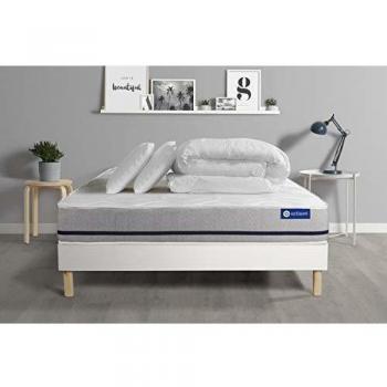 Pack Dormir Matelas 160x200 ACTIMEMO Soft 3zones de Confort + sommier KIT Blanc + 2 oreillers + Couette