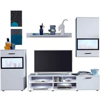 Trendteam Anbauwand Wohnzimmer, Wohnwand Swing, 241 x 182 x 38 cm, weiß